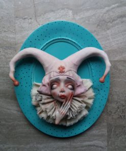 Sophia_Paraskevopoulou-Twisted_Harlequin-Polymer_Clay_Gesso_Acrylics_Graphite_Fabric-10.2x7.4